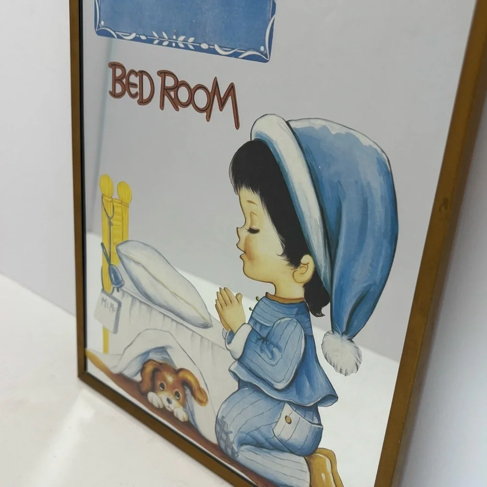 Vintage Mirror Little Boy Kneeling In Prayer On Bed W/Dog-70’s Walmart Decor MCM